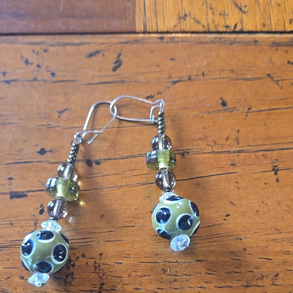 Homemade Green and Black Glass Dangle Earrings